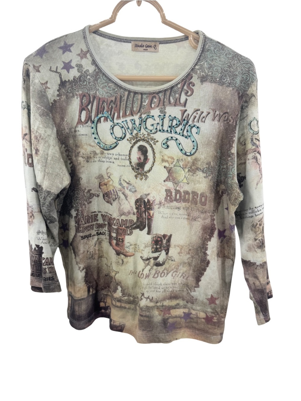 Studio Gem vintage L 3/4 sleeve Y2K embellished western cowgirls rodeo cotton